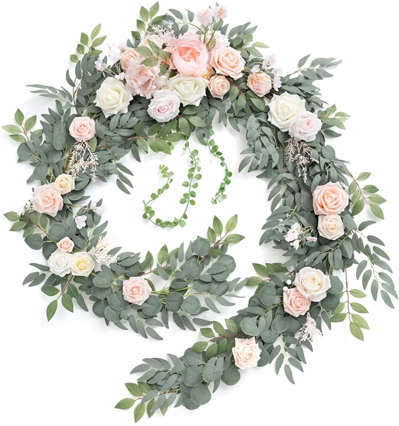 Ling'S Moment 9FT Eucalyptus and Willow Leaf Garland with White Flower, Handcrafted Wedding Sweetheart Table Centerpieces Head Table Decor Arch Backdrop Decorations for Wedding | Terracotta Home & Garden > Decor > Seasonal & Holiday Decorations Ling's moment French Pink  