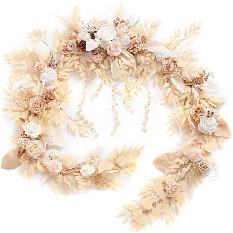 Ling'S Moment 9FT Eucalyptus and Willow Leaf Garland with White Flower, Handcrafted Wedding Sweetheart Table Centerpieces Head Table Decor Arch Backdrop Decorations for Wedding | Terracotta Home & Garden > Decor > Seasonal & Holiday Decorations Ling's moment Beige  