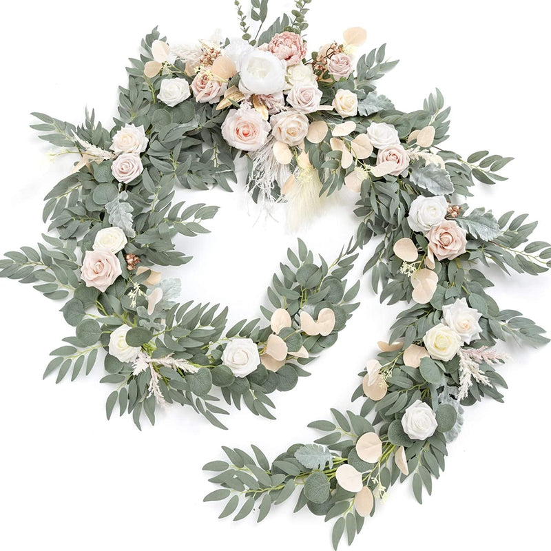 Ling'S Moment 9FT Eucalyptus and Willow Leaf Garland with White Flower, Handcrafted Wedding Sweetheart Table Centerpieces Head Table Decor Arch Backdrop Decorations for Wedding | Terracotta Home & Garden > Decor > Seasonal & Holiday Decorations Ling's moment White Beige  
