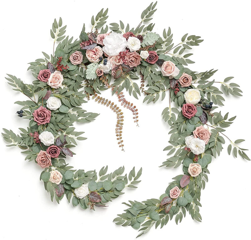 Ling'S Moment 9FT Eucalyptus and Willow Leaf Garland with White Flower, Handcrafted Wedding Sweetheart Table Centerpieces Head Table Decor Arch Backdrop Decorations for Wedding | Terracotta Home & Garden > Decor > Seasonal & Holiday Decorations Ling's moment Dusty Rose Mauve  