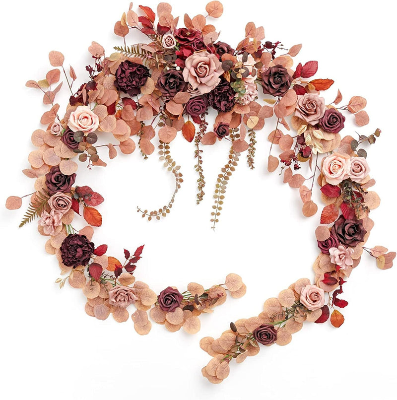 Ling'S Moment 9FT Eucalyptus and Willow Leaf Garland with White Flower, Handcrafted Wedding Sweetheart Table Centerpieces Head Table Decor Arch Backdrop Decorations for Wedding | Terracotta Home & Garden > Decor > Seasonal & Holiday Decorations Ling's moment Burgundy Dusty Rose  