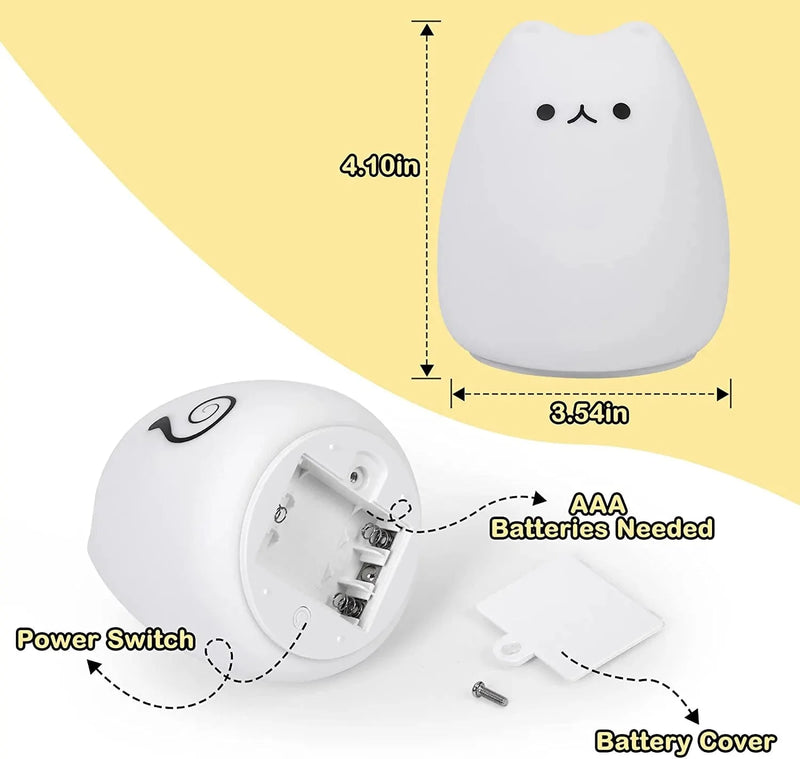 Litake Cat Night Light for Kids, LED Battery Powered Cat Lamp with Warm White and 9-Color Changing, Silicone Cute Nursery Lights for Baby Children Bedroom (Mini Celebrity Cat with Tail)