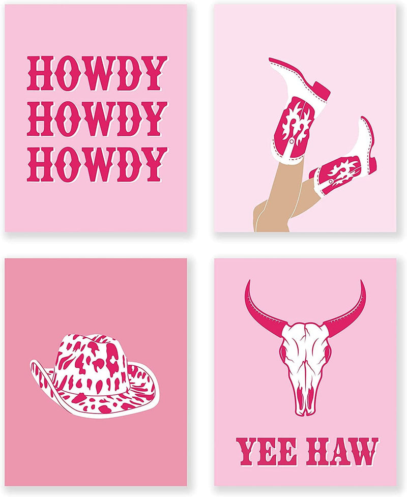Litiu Cowgirl Hat Boots Howdy Bull Skull Preppy Hot Pink Wall Art Poster Prints Decor, 8”X10”Set of 4, Preppy Artwork Teens Girls Gifts for Women, Decorations for Girls Room Home & Garden > Decor > Artwork > Posters, Prints, & Visual Artwork LiTiu   