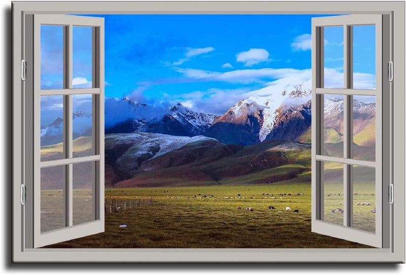 LIXI 3D Open Window View Grassland Natural Scenery Canvas Art Poster Modern Wall Art Picture Print Family Bedroom Decor Painting 24×36Inch(60×90Cm) Home & Garden > Decor > Artwork > Posters, Prints, & Visual Artwork LIXI 20 x 30 in (50 x 75 cm)  