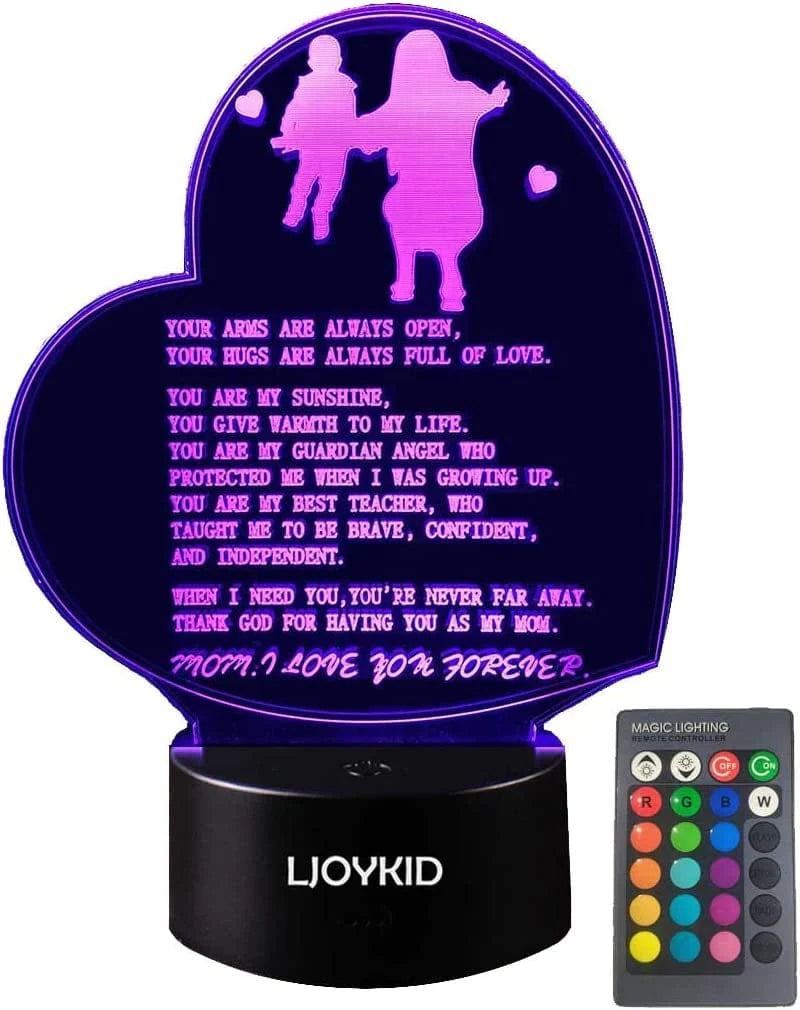 LJOYKID Heart Shaped LED 3D Light Mother Gifts for Christmas Mother'S Day Gift Mother'S Poem Night Light Birthday Gifts for Mom