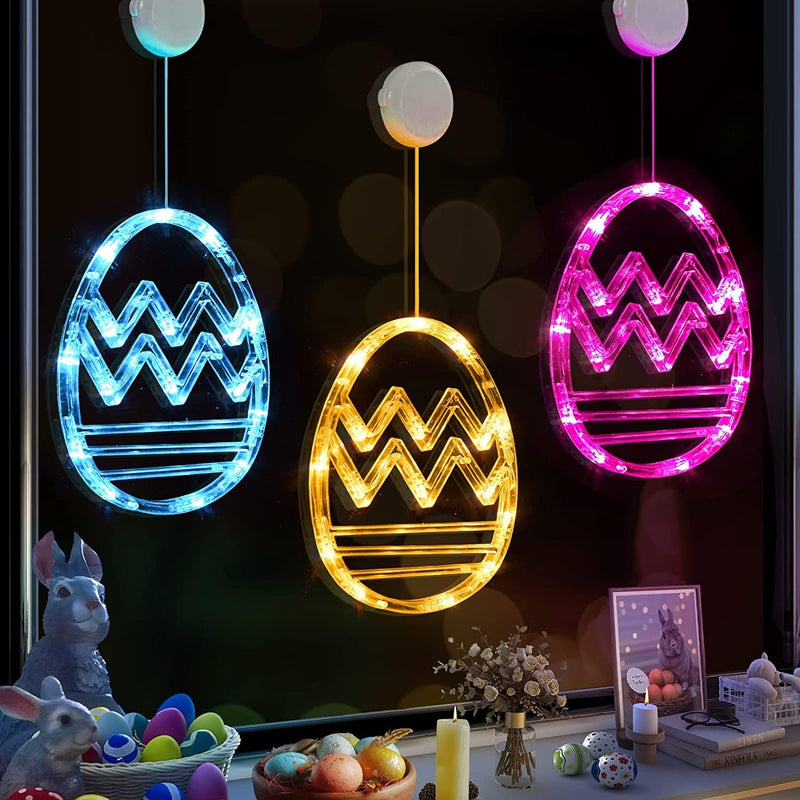 Lolstar Easter Window Lights, Easter Window Decorations, 3 Pack Easter Bunny Shaped Blue Yellow Pink Hanging String Lights with Suction Cup, Battery Operated Indoor Lights for Easter Home Decor