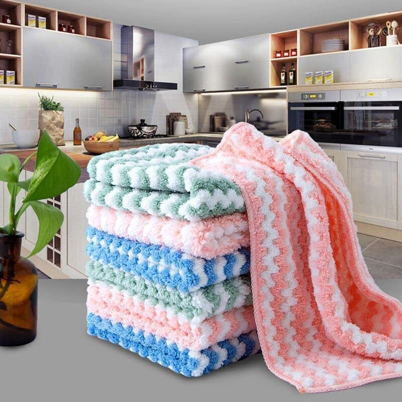 Lonsioni Kitchen Towels, 5 Pack Coral Fleece Super Absorbent Microfiber Cleaning Cloths, Reusable Stain Remover Cleaning Dish Towels for Kitchen, Bathroom, Furniture, Appliances 12''X16''