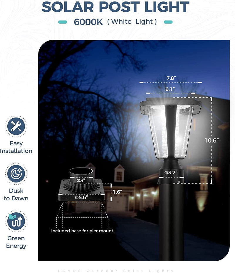 Lovus Solar Light Lamp Post, 6000K Outdoor Solar Pillar Lights Waterproof with 3-Inch Pier Mount Base for Mailbox, Pathway, Garden, Deck (White Light) Home & Garden > Lighting > Lamps Lovus   