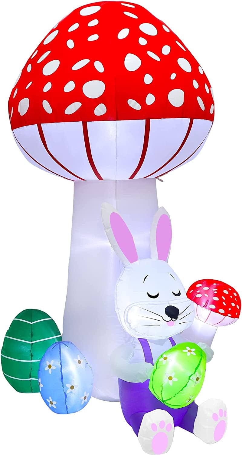 Lulu Home 6FT Easter Inflatable Yard Decoration, Lighted Blow up Bunny Lean against a Giant Mushroom Holding Easter Eggs, Air Blown Rabbit Lawn Garden Spring Indoor Outdoor Decors