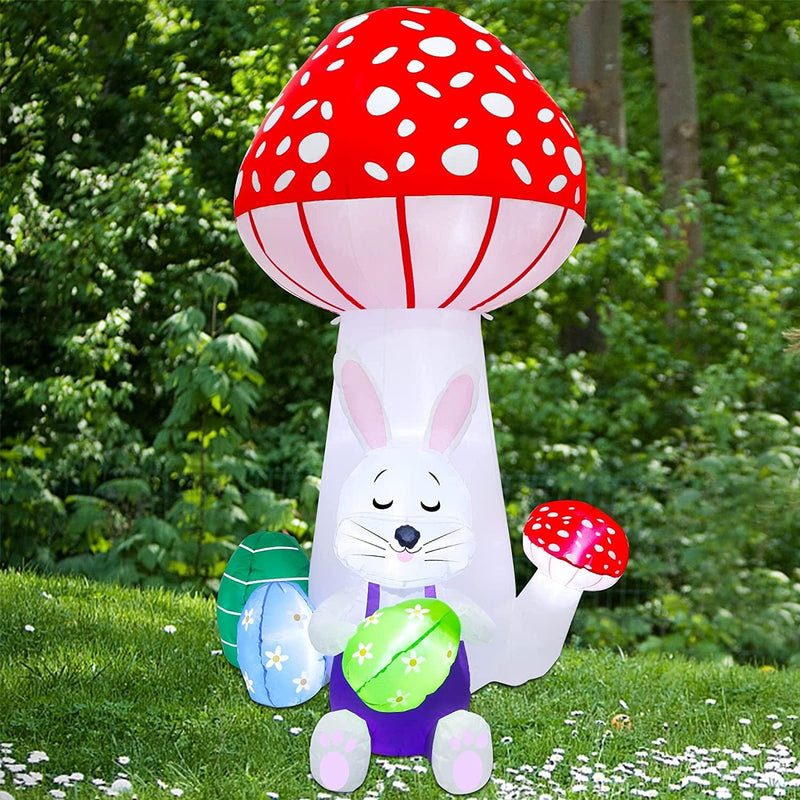 Lulu Home 6FT Easter Inflatable Yard Decoration, Lighted Blow up Bunny Lean against a Giant Mushroom Holding Easter Eggs, Air Blown Rabbit Lawn Garden Spring Indoor Outdoor Decors