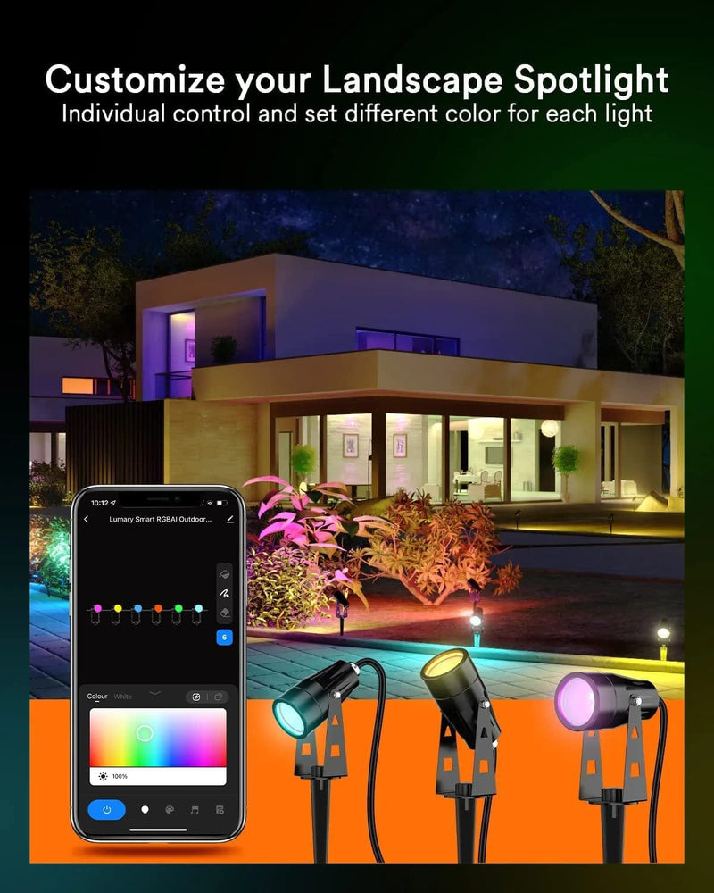 Lumary 56Ft Smart Landscape Lights Waterproof, RGBAI Color Changing Landscape Spotlight Wifi App/Voice Control, Low Voltage Landscape Lighting Outdoor Light for Patio Garden Yard Pathway (6 Pack) Home & Garden > Lighting > Flood & Spot Lights Lumary   
