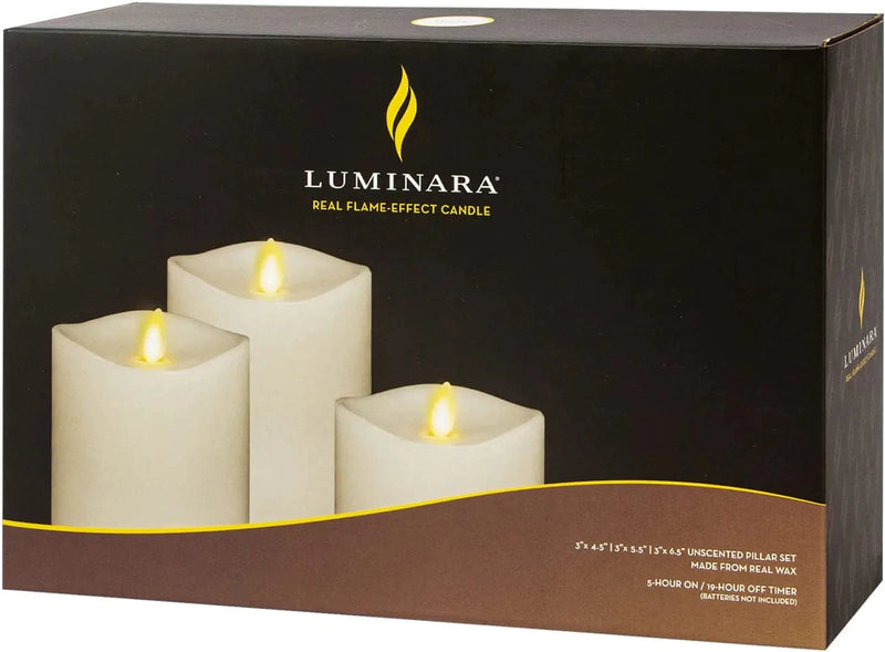 Luminara Realistic Artificial Moving Flame Pillar Candles - Set of 3 - Melted Top Edge, LED Battery Operated Lights - Unscented - Remote Included - White - 3" X 4.5", 3" X 5.5", 3" X 6.5"