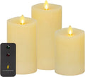 Luminara Realistic Artificial Moving Flame Pillar Candles - Set of 3 - Melted Top Edge, LED Battery Operated Lights - Unscented - Remote Included - White - 3" X 4.5", 3" X 5.5", 3" X 6.5"