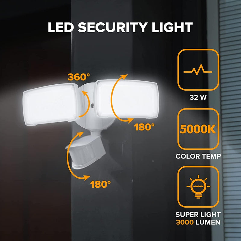 LUTEC 32W 3000 Lumen LED Motion Activated Integrated Dual-Head Floodlight Outdoor with Motion Sensor, 5000K Daylight, Dusk to Dawn, Exterior Security Wall Light for Patio, Garden, Yard-White Home & Garden > Lighting > Flood & Spot Lights LUTEC   