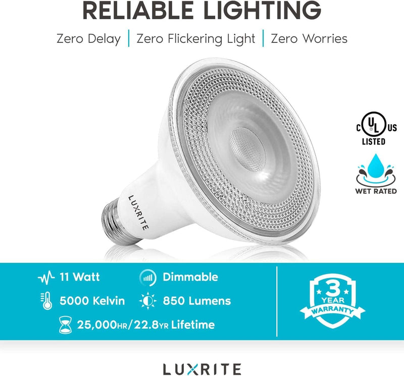 LUXRITE 4 Pack LED PAR30 Flood Light Bulb, 75W Equivalent, 5000K Bright White, 850 Lumens, 11W Dimmable, Indoor Outdoor Spotlight Bulb, Wet Rated, E26 Standard Base, UL Listed