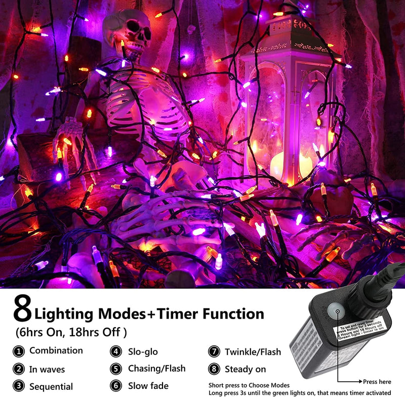 LYHOPE Orange & Purple Halloween Lights, 66Ft 200 LED 8 Modes Low Voltage Mini Halloween String Lights, with Timer Connectable Halloween Lights for Home, Graveyard, Carnival, Outdoor, Indoor Decor Home & Garden > Lighting > Light Ropes & Strings LYHOPE   