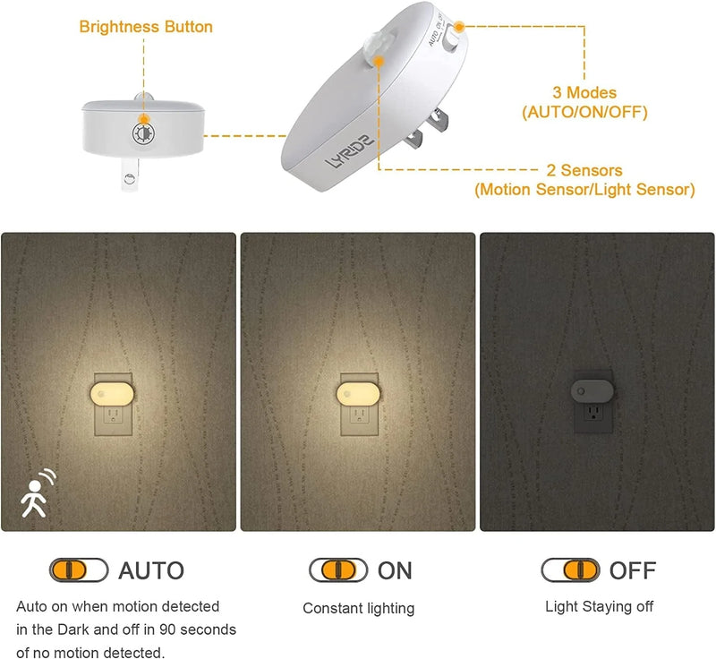 Lyridz Motion Sensor Night Light, Superior Bright 1-120LM Plug-In Nightlight Mini Smart Warm White LED Light with Stepless Adjustable Brightness for Bedroom, Kitchen, Stairs, Hallway, 6 Pack