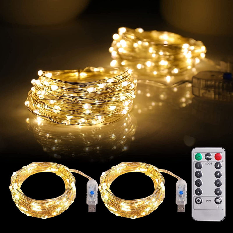 Mandiq 2 Pack Fairy Lights 100 LED 33 FT Christmas Lights USB Powered Silver Wire String Lights, Mini Lights with Remote Control Are Suitable for Home Decorations (Warm White)