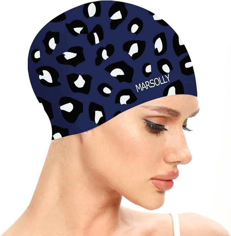 Marsolly Swim Cap Women, Silicone Swimming Cap for Long Hair with Leopard Printed Sporting Goods > Outdoor Recreation > Boating & Water Sports > Swimming > Swim Caps LEHE Navy  