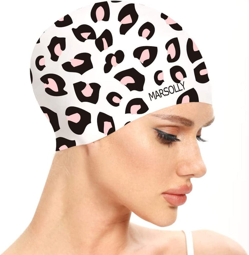 Marsolly Swim Cap Women, Silicone Swimming Cap for Long Hair with Leopard Printed Sporting Goods > Outdoor Recreation > Boating & Water Sports > Swimming > Swim Caps LEHE White  