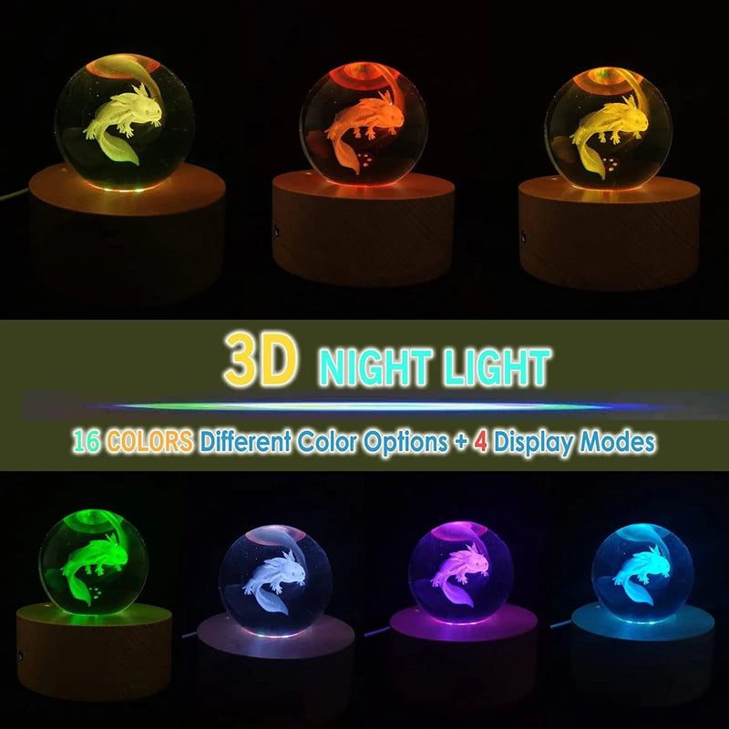 MARZIUS 3D Axolotl Crystal Ball Night Light,2.4 Inch Glass Ball Night Lamp with Woodern Base,16 Colors,Remote Control, Decorations Gifts for Men,Women,Kids,Boys,Girls,Teens Home & Garden > Lighting > Night Lights & Ambient Lighting MARZIUS   