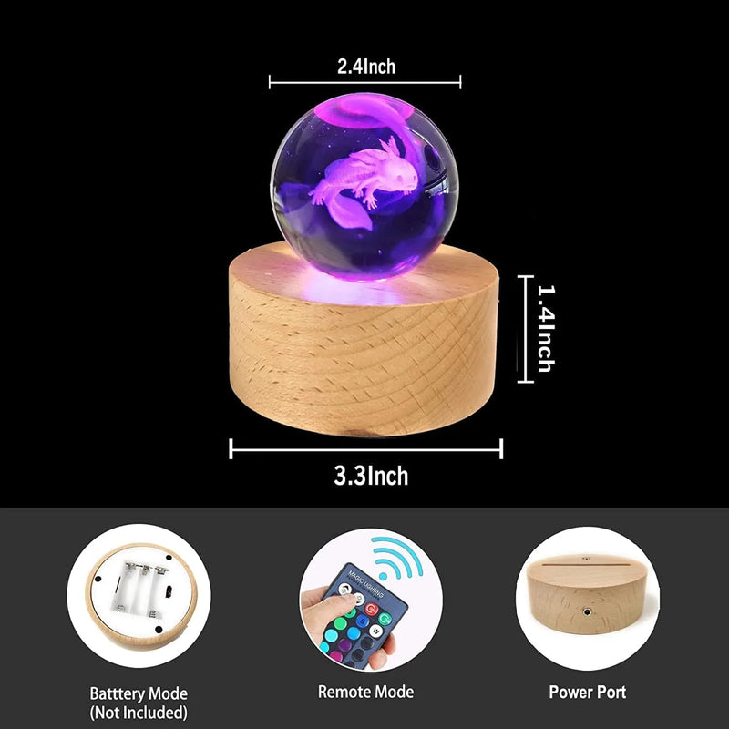 MARZIUS 3D Axolotl Crystal Ball Night Light,2.4 Inch Glass Ball Night Lamp with Woodern Base,16 Colors,Remote Control, Decorations Gifts for Men,Women,Kids,Boys,Girls,Teens
