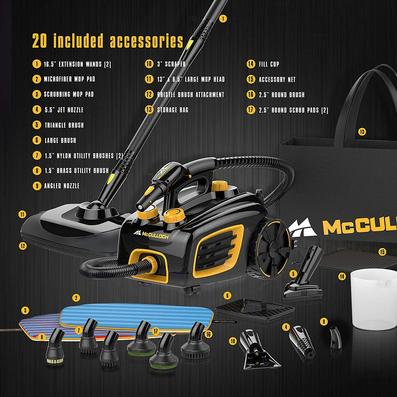 Mcculloch MC1375 Canister Steam Cleaner with 20 Accessories, Extra-Long Power Cord, Chemical-Free Cleaning for Most Floors, Counters, Appliances, Windows, Autos, and More, 1-(Pack), Black Home & Garden > Household Supplies > Household Cleaning Supplies McCulloch   