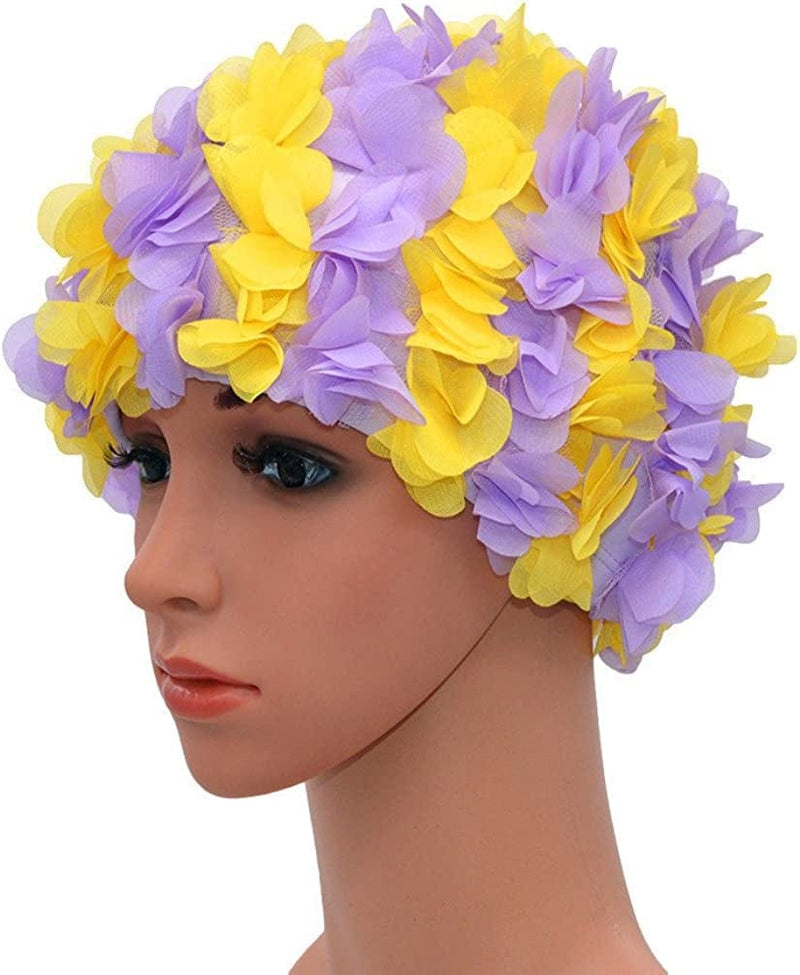Medifier Lace Vintage Swim Cap Floral Petal Retro Style Bathing Caps for Women Rose Sporting Goods > Outdoor Recreation > Boating & Water Sports > Swimming > Swim Caps CL Purple and yellow  