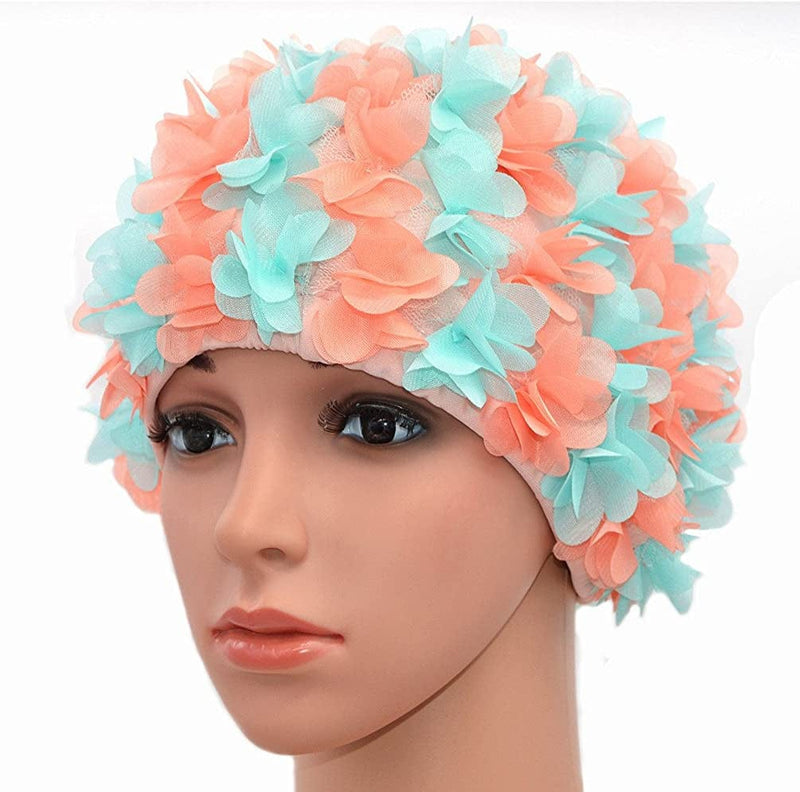 Medifier Lace Vintage Swim Cap Floral Petal Retro Style Bathing Caps for Women Rose Sporting Goods > Outdoor Recreation > Boating & Water Sports > Swimming > Swim Caps CL Light blue and orange-red  