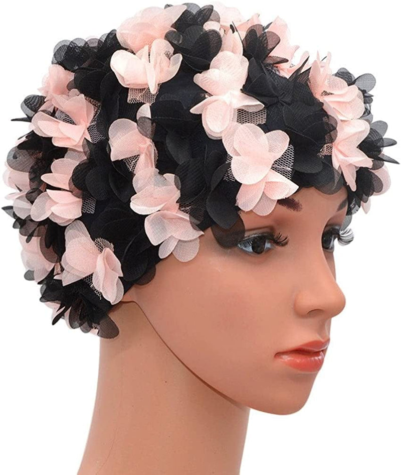 Medifier Lace Vintage Swim Cap Floral Petal Retro Style Bathing Caps for Women Rose Sporting Goods > Outdoor Recreation > Boating & Water Sports > Swimming > Swim Caps CL Pink and black  