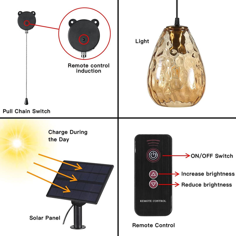 MEIHONG Solar Pendant Lights with Glass Lampshade, Solar Lights Indoor Pendant Light Fixture, Farmhouse Exterior Hanging Lights with Pull Chain, Hanging Light for Front Door Ceiling Entry Porch