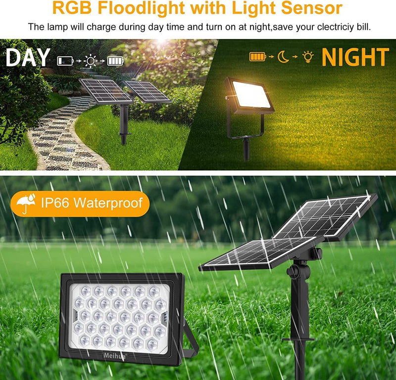 MEIHUA RGBW Solar LED Flood Lights, IP66 Waterproof Solar Powered RGBW Floodlight, Remote Control Dimmable Timing Memory Function, Solar Outdoor Flood Light Spotlights for Garden, Party, Holiday