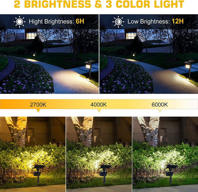 MEIKEE Motion Sensor Solar Spot Lights Outdoor, 3 Color Lighting Modes IP66 Waterproof LED Solar Landscape Spotlights Dimmable Auto On/Off Wall Lights for Pathway Driveway Garden Patio Yard -4 Pack