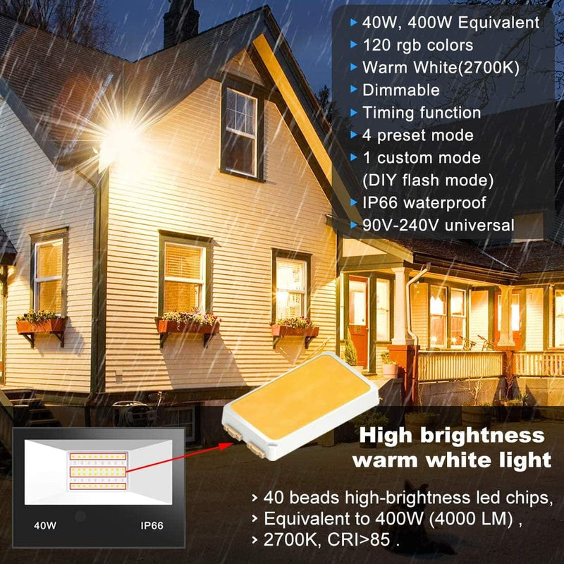 MELPO Led Flood Light 400W Equivalent, RGBW Led Outdoor Lights Colored with Remote,40W,4000Ml 2700K,120 Colors, Timing, Dimmable, Custom Modes, Wall Light Stage Lights Landscape Lighting (2 Pack) Home & Garden > Lighting > Flood & Spot Lights MELPO   