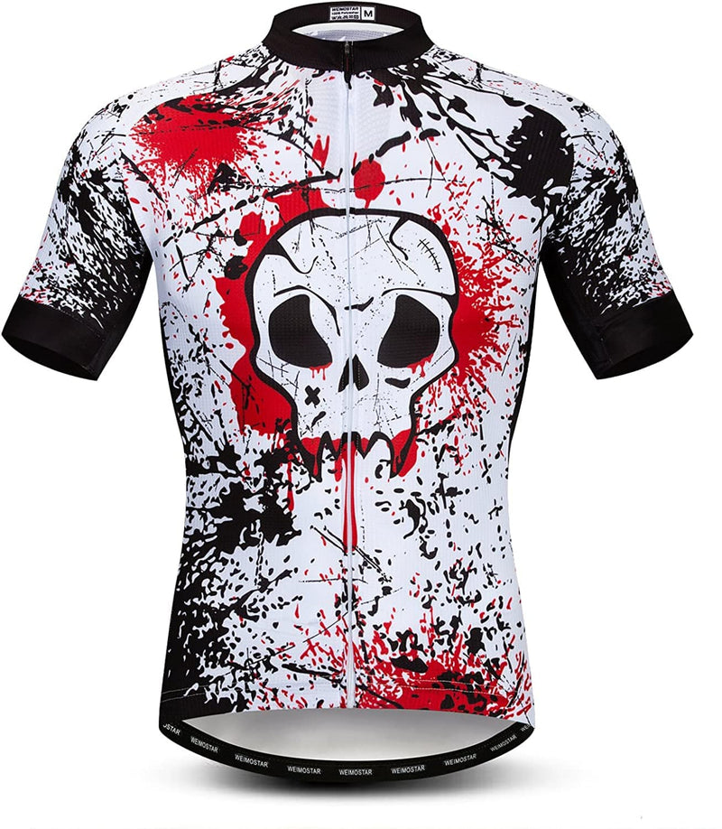 Mens Cycling Jersey Short Sleeves Mountain Bike Shirt MTB Top Zipper Pocket Reflective Skull Sporting Goods > Outdoor Recreation > Cycling > Cycling Apparel & Accessories redorange A2 X-Large 