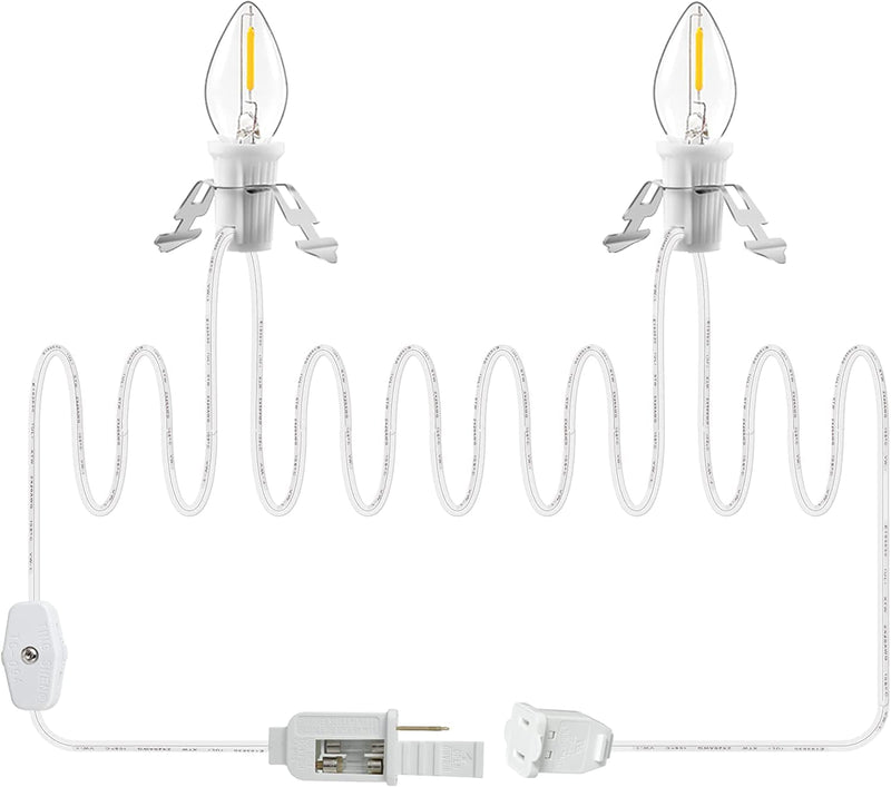 Meonum Accessory Cord with Two LED Bulbs, Blow Mold Christmas Craft Light with Outlet and Plug, Spare Fuse C7 Bulb Christmas Village Accessories White Indoor String Lights (3 Pack)