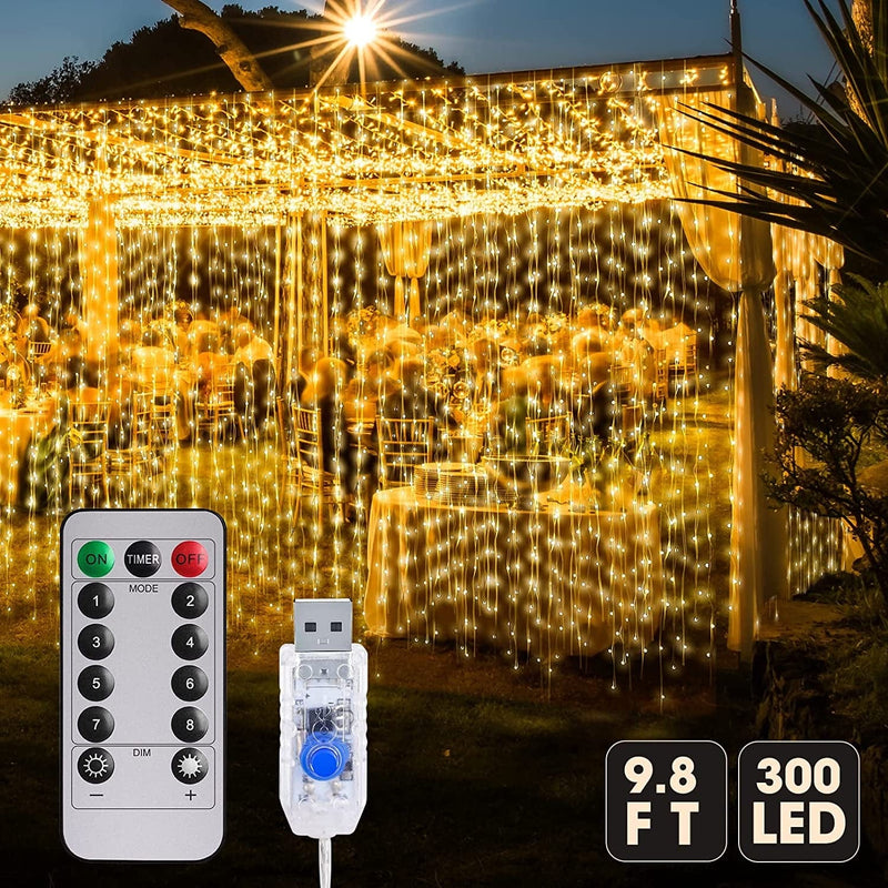 Mesha 300LED Curtain Lights for Bedroom , 9.8 X 9.8Ft Warm White String Lights Indoor, 8 Modes Fairy Lights with Remote,Usb Twinkle Lights for Bedroom,Outdoor Party Lights Indoor for Wedding,Christmas Home & Garden > Lighting > Light Ropes & Strings MESHA   