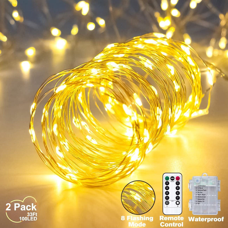 Metaku 2 Pack 33Ft 100 LED Fairy Lights Battery Operated String Lights with Remote Timer, LED Twinkle Lights for Bedroom, Party, Wedding, Tree, Centerpiece, Christmas (Warm White) Home & Garden > Lighting > Light Ropes & Strings Metaku   