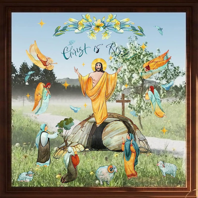 Mfault Christ Is Risen Easter Religious Window Clings 9 Sheets, Christian Nativity Jesus Resurrection Wall Glass Stickers Decal Decorations, Angels Cross Faith Sheep Lily Holiday Home Kitchen Decor
