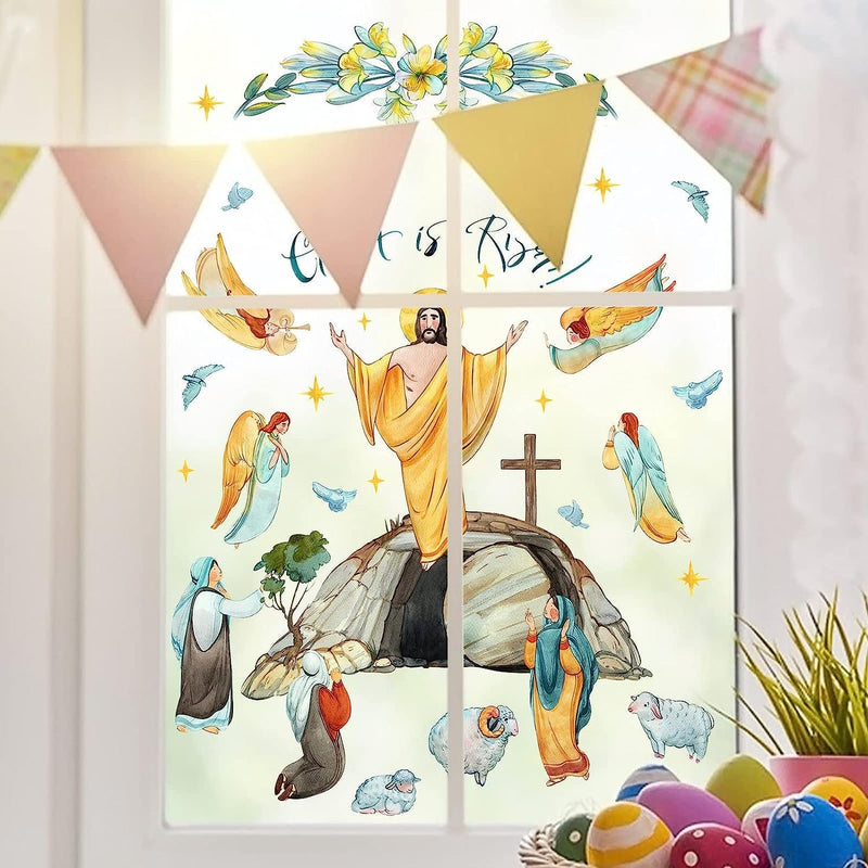 Mfault Christ Is Risen Easter Religious Window Clings 9 Sheets, Christian Nativity Jesus Resurrection Wall Glass Stickers Decal Decorations, Angels Cross Faith Sheep Lily Holiday Home Kitchen Decor