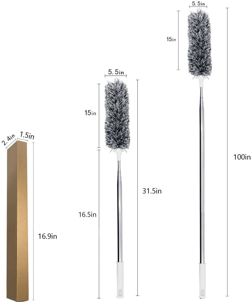 Microfiber Duster with Extension Pole(Stainless Steel), Extra Long 100 Inches, with Bendable Head, Extendable Duster for Cleaning High Ceiling Fan, Interior Roof, Cobweb, Gap Dust- Wet or Dry Use