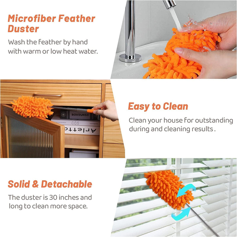 Microfiber Dusters for Cleaning Hand Washable Feather Duster, Extendable Pole, Detachable Cleaning Supplies with 2Pcs Replaceable Microfiber Head, Household Cleaning for Window, Office, Car, Orange