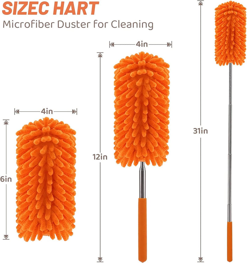 Microfiber Dusters for Cleaning Hand Washable Feather Duster, Extendable Pole, Detachable Cleaning Supplies with 2Pcs Replaceable Microfiber Head, Household Cleaning for Window, Office, Car, Orange