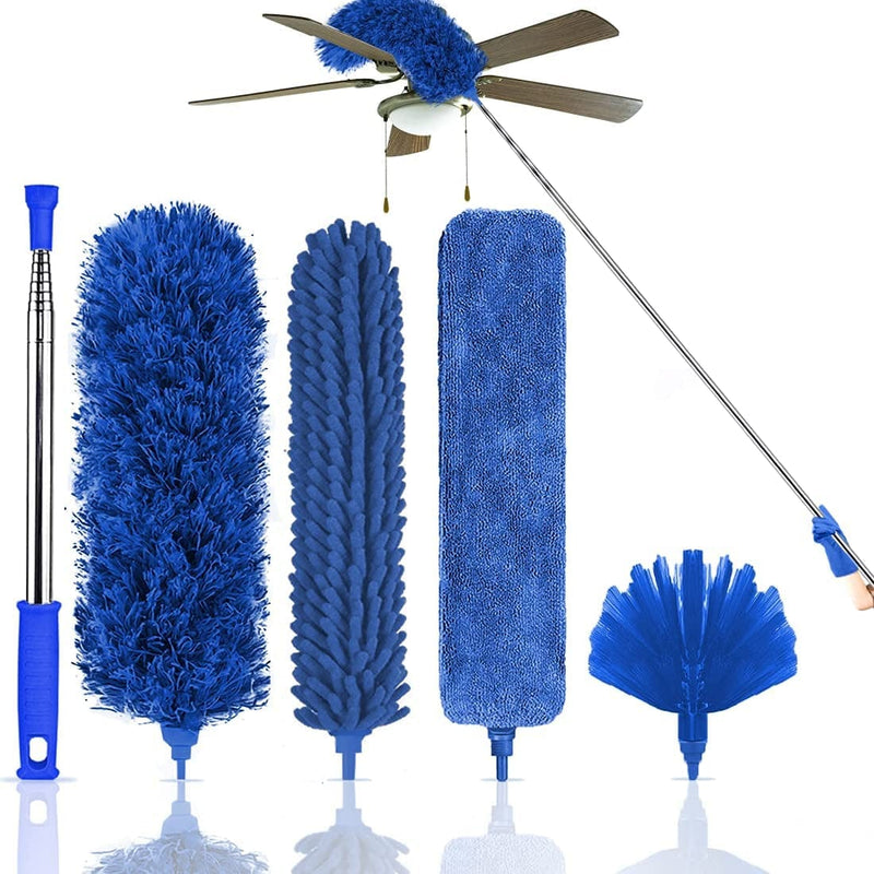 Microfiber Feather Duster, 5PCS Cobweb Duster Cleaning Kit with 100 Inches Extension Pole(Stainless Steel), Bendable Telescopic Dusters for Cleaning High Ceiling Fan, Blinds, Furniture & Cars (Gray) Home & Garden > Household Supplies > Household Cleaning Supplies Kelursien Blue  