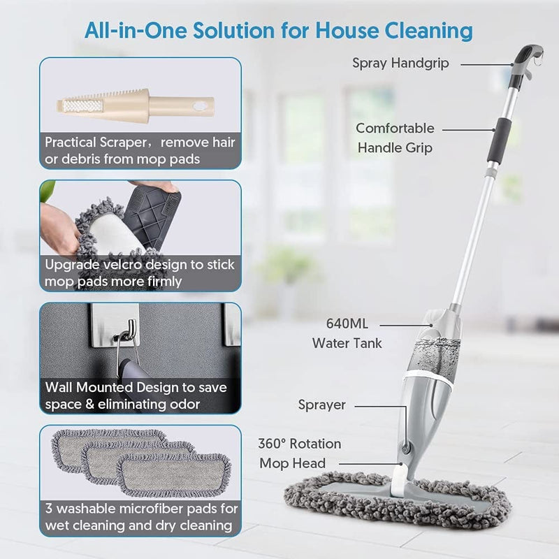 Microfiber Mop Spray Mop for Floor Cleaning - EXEGO Floor Mop Wood Mop Kitchen Mop Dry Wet Mop with 3 Reusable Pads & 640ML Refillable Spray Bottle for Hardwood Floor Ceramic Tiles Floor Cleaning Home & Garden > Household Supplies > Household Cleaning Supplies EXEGO   