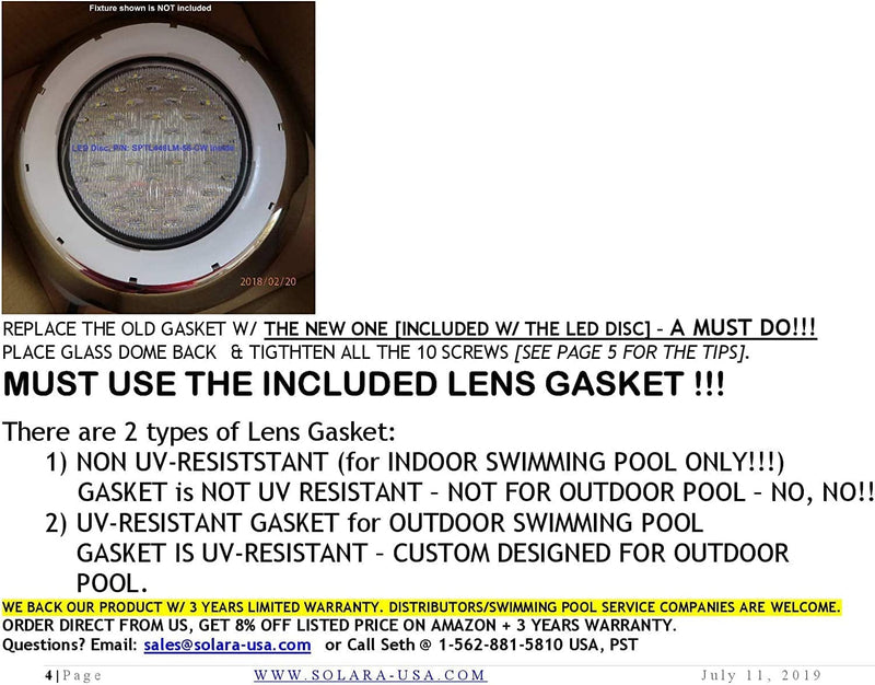 MIGHTY BRIGHT LED LIGHT for Pentair Aqualumin III Swimming Pool Light Fixture + UV-RESISTANT LENS GASKET, 5.4" Dia., 120Vac, 18Watts, 4200Lumens. P/N: Sptl448Lm56-Pliii- (OUTDOOR - WARM WHITE [4000K]) Home & Garden > Pool & Spa > Pool & Spa Accessories SOLARA-USA   