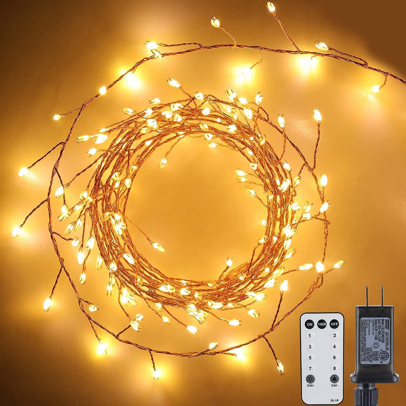 Minetom Fairy Lights Plug In, 10Feet 200 Led Cluster Lights Waterproof Firecracker Starry String Lights for Ceiling Bedroom Wreath Window Wedding Christmas Tree Decoration, Warm White (No Remote)