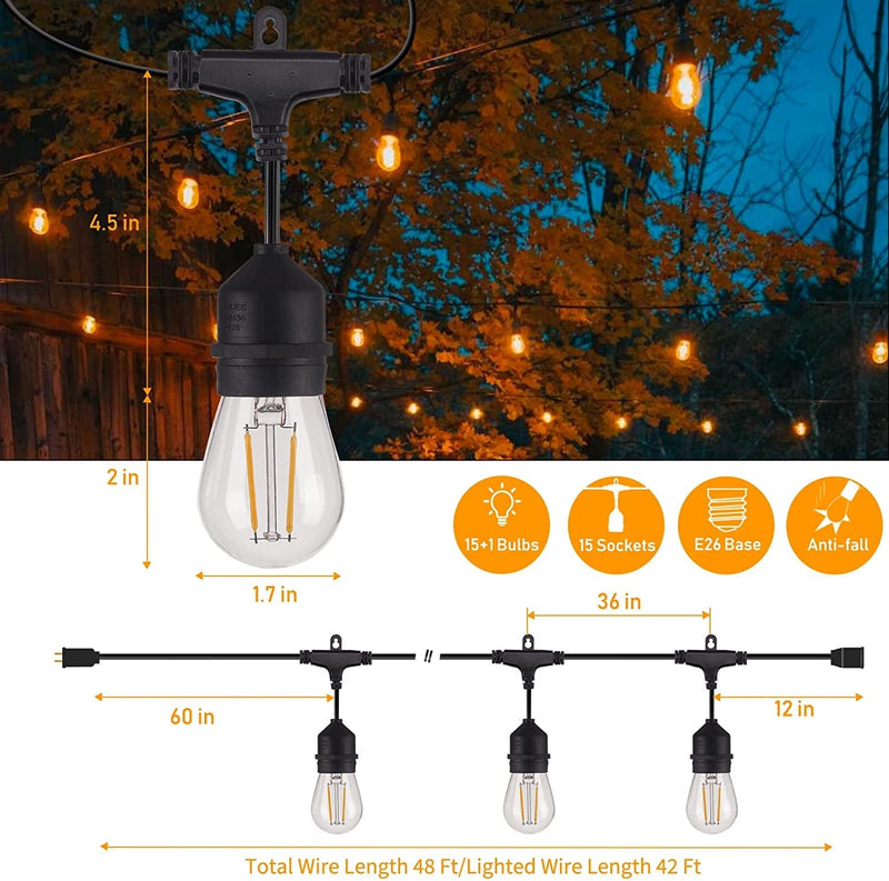 Minetom Outdoor String Lights, 48FT Patio Lights with 15 Shatterproof LED Bulbs, UL Listed Commercial Grade Strand, IP65 Waterproof Hanging Lights for outside Deck Backyard Garden Party, Warm White Home & Garden > Lighting > Light Ropes & Strings Brightown   