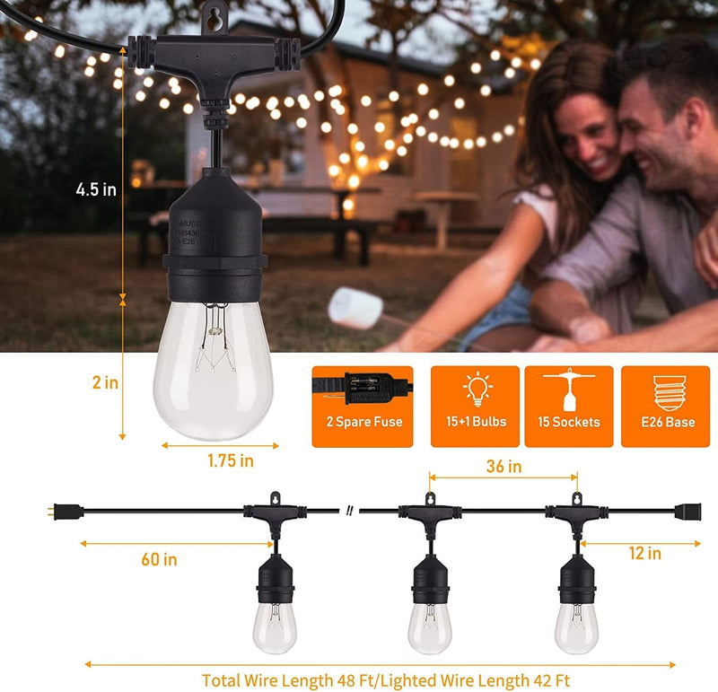 Minetom Outdoor String Lights, 48FT Patio Lights with 15PCS 11W S14 Incandescent Bulbs, UL Listed Commercial Grade Strand, IP65 Waterproof Hanging Lights for outside Backyard Porch Cafe, Warm White Home & Garden > Lighting > Light Ropes & Strings Minetom   