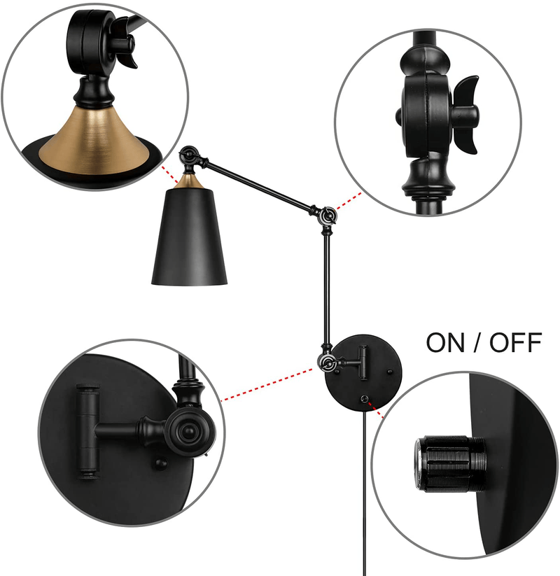 Modern Black Plug in Wall Sconces Industrial Farmhouse Swing Arm Wall Lamp for Bedroom Bathroom Dining Living Room Home & Garden > Lighting > Lighting Fixtures > Wall Light Fixtures KOL DEALS   